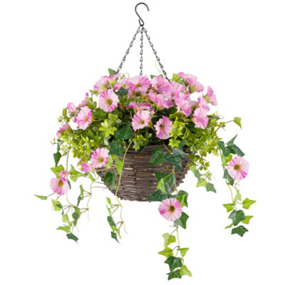 B&Q -  Artificial Petunia Wicker Hanging Basket Uv Resistant Foliage Pink 30Cm