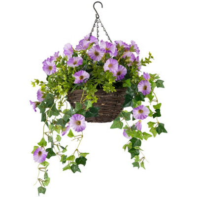 B&Q -  Artificial Petunia Wicker Hanging Basket Uv Resistant Foliage Purple 25Cm