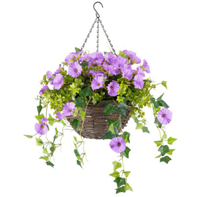 B&Q -  Artificial Petunia Wicker Hanging Basket Uv Resistant Foliage Purple 30Cm