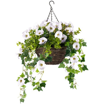 B&Q -  Artificial Petunia Wicker Hanging Basket Uv Resistant Foliage White 25Cm