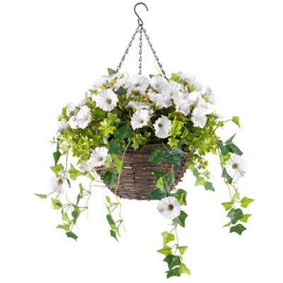 B&Q -  Artificial Petunia Wicker Hanging Basket Uv Resistant Foliage White 30Cm
