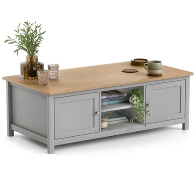 B&Q -  Coffee Table Oak-Effect Top Cupboards & Shelves Grey H40Cm X W115Cm X D60Cm