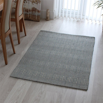  - Teal Handmade Modern Wool Easy To Clean Geometric Rug For Dining Room Bedroom And Living Room-66 X 200Cm (Runner)