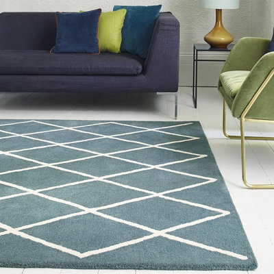 Diamond Teal Wool Chequered Geometric Luxurious Modern Handmade Rug For Living Room And Bedroom-160Cm X 230Cm from B&Q