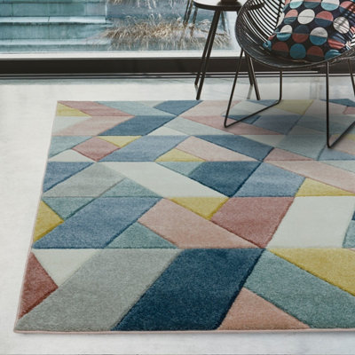 B&Q Modern Easy To Clean Geometric Rug For Living Room-120Cm X 170Cm