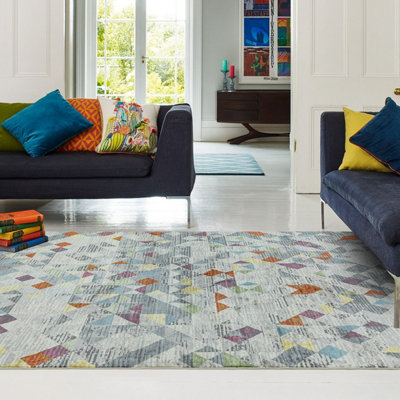 B&Q Grey Modern Abstract Easy To Clean Rug For Dining Room-120Cm X 170Cm