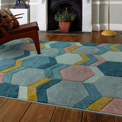 B&Q Multi Rug Geometric Modern Easy To Clean Rug For Dining Room-80Cm X 150Cm