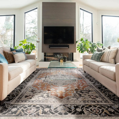 Terracotta Luxurious Traditional Bordered Easy To Clean Rug For Living Room Bedroom & Dining Room-120Cm X 166Cm from B&Q