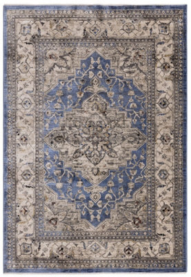 Blue Luxurious Traditional Bordered Easy To Clean Rug For Living Room Bedroom & Dining Room-120Cm X 166Cm from B&Q