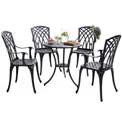 Homeology Oshowa Garden And Patio Table And 4 Large Chairs With Armrests Cast Aluminium Bistro Set Black from B&Q