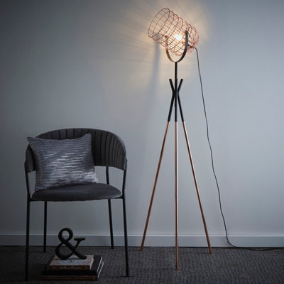 B&Q -  Fulton Industrial Metal Cage Tripod Copper And Black Floor Lamp