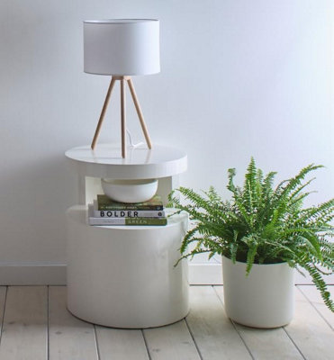 B&Q -  Tall Oak Wooden Tripod Table Lamp And Matching White Linen Lampshades