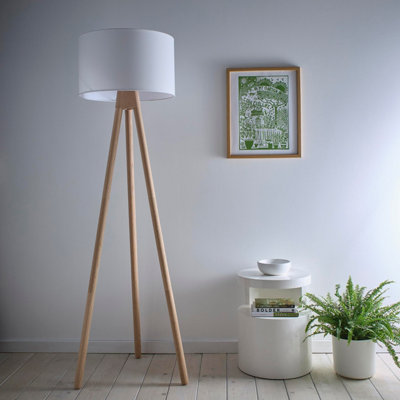 B&Q -  Tall Oak Wooden Tripod Floor Lamp And Matching White Linen Lampshades