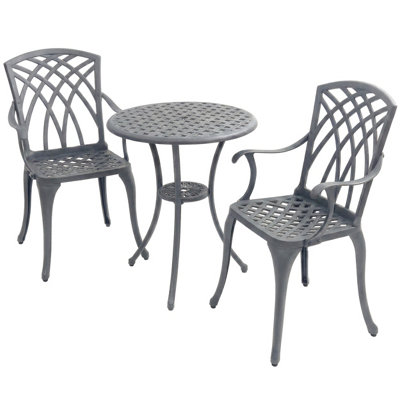 Homeology Oshowa Grey Cast Aluminium Outdoor Garden Table And 2 Comfortable Chairs With Armrests Bistro Set from B&Q