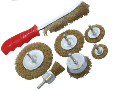 Amtech 7Pc Wire Brush Set Wheel Brushes Brass Hand Brush Wheel Rotary Cleaning Drill