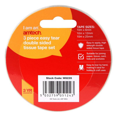 B&Q -  3-Piecs 10M Each Of Easy-TearDouble-Sided Tissue Tape 6mm 12mm 25mm Hobby Craft