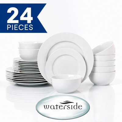  - 24Pc White Round  Rimmed Dinner Set