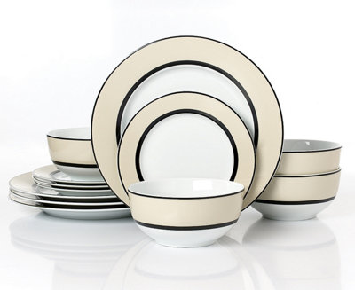 B&Q 12Pc York Band Dinner Set Cream