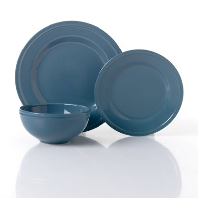  - Waterside 12Pc Teal Ring Stoneware Lipped Dinner Set