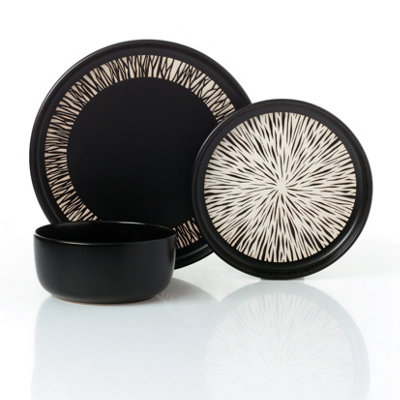  - Waterside 12Pc Lipped Stoneware Dash Black Dinner Set
