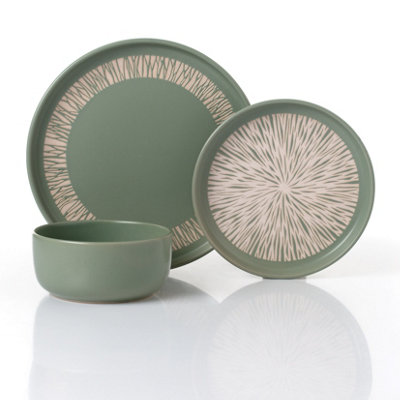 - Waterside 12Pc Lipped Stoneware Dash Green Dinner Set