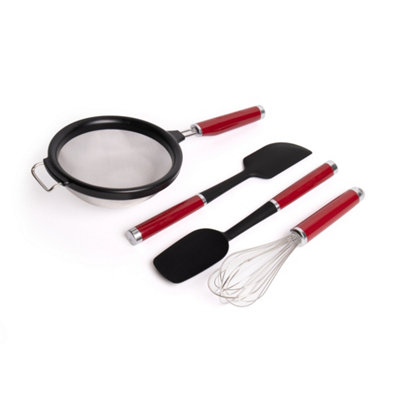 Kitchenaid 4Pc Empire Cooking Utensil Set With Wire Whisk, 17.5Cm Strainer, Spoon Spatula & Scraper Spatula Red