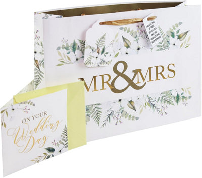 Eurowrap Mr & Mrs Wedding Gift Bag With Greeting Card White Kraft Gift Bag With Handles For Wedding Presents Xl from B&Q