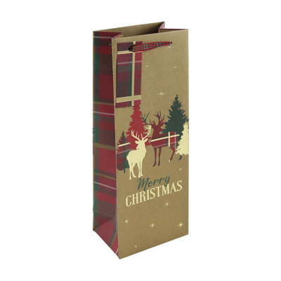 Eurowrap Christmas Kraft Stag Tartan Text Bottle Gift Bag from B&Q
