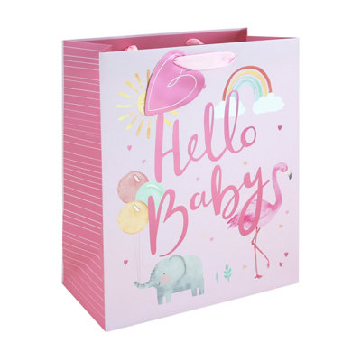Pink Large Gift Bag Single Hello Baby Girl Design With Tag Foil Detail 33Cm Baby Shower Newborn Christening Present from B&Q