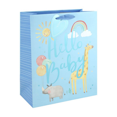 Hello Baby Boy Blue Large Gift Bag Single With Tag Foil Detail 33Cm Baby Shower Newborn Christening Present from B&Q