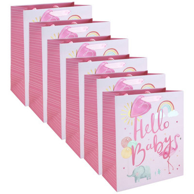 Pink Large Gift Bags Pack Of 6 Hello Baby Girl Design With Tags Foil Detail 33Cm Baby Shower Newborn Christening Present from B&Q