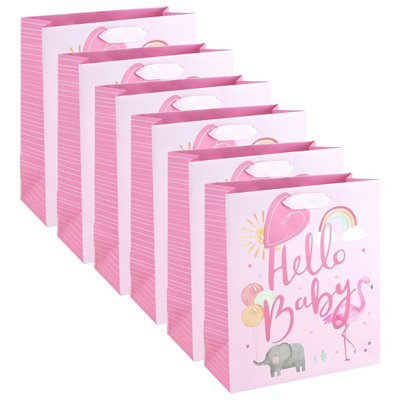 Pink Medium Gift Bags Pack Of 6 Hello Baby Girl Design With Tags Foil Detail Baby Shower Newborn Christening Present from B&Q
