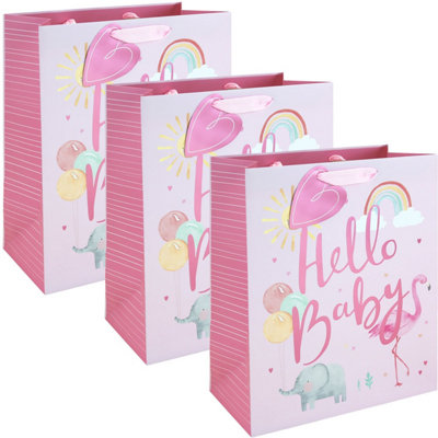 Pink Large Gift Bags Pack Of 3 Hello Baby Girl Design With Tags Foil Detail 33Cm Baby Shower Newborn Christening Present from B&Q
