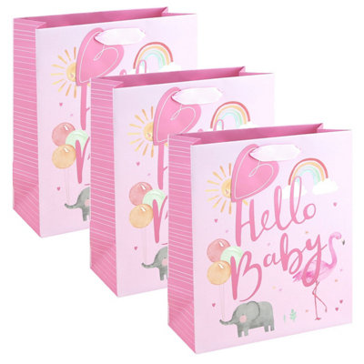 Pink Medium Gift Bags Pack Of 3 Hello Baby Girl Design With Tags Foil Detail Baby Shower Newborn Christening Present from B&Q