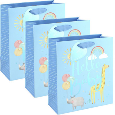 Hello Baby Boy Blue Medium Gift Bags Pack Of 3 With Tags Foil Detail Baby Shower Newborn Christening Present from B&Q
