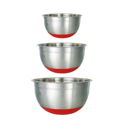 Buckingham Designer Set Of 3 Stainless Steel Salad Mixing Bowls Silicon Base, Silver Red