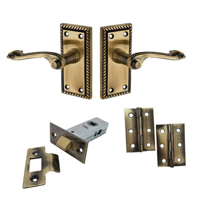 Georgian Scroll Lever Door Handle On Short BackplateAntique BrassComplete Door PackDesigner Levers