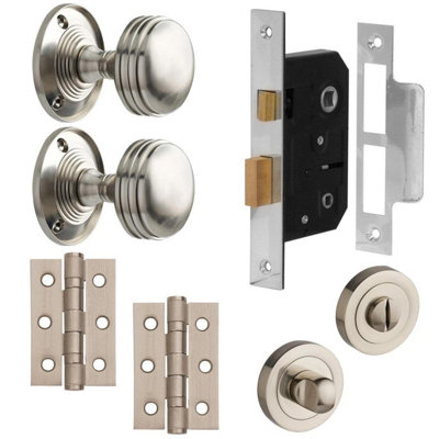 Ringed Mortice Door Knob Complete Bathroom Door Pack Satin Nickel76mmKnob/lock/hingesDesigner Levers from B&Q