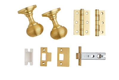 Beehive Mortice Door Knob Complete Internal Door Pack Brushed Brass76mmKnob/latch/hingesDesigner Levers from B&Q