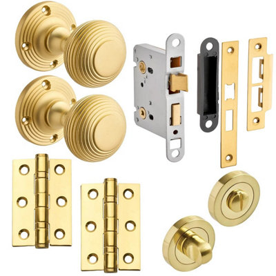 Beehive Mortice Door Knob Complete Bathroom Door Pack Brushed Brass76mmKnob/lock/hingesDesigner Levers from B&Q