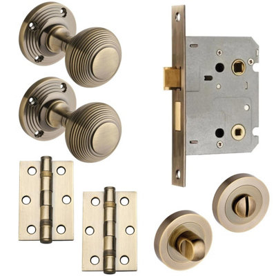 Beehive Mortice Door Knob Complete Bathroom Door Pack Antique Brass76mmKnob/lock/hingesDesigner Levers from B&Q
