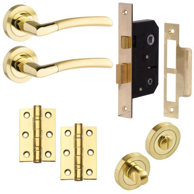 Augusta Lever On Rose Complete Bathroom Door PackDual Tone Brass63mmHandle/lock/hingesDesigner Levers