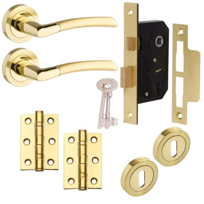 Augusta Lever On Rose Complete Lock Door PackDual Tone Brass63mmHandle/sash Lock/hingesDesigner Levers