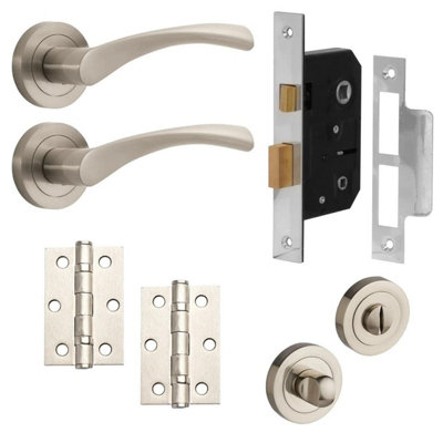 Marvel Lever On Rose Complete Bathroom Door PackBrushed NickelThumb Turn Lock/hingesDesigner Levers