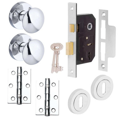 Victorian Mortice Knob Complete Lock Door PackPolished ChromeKnob/sash Lock/hingesDesigner Levers from B&Q