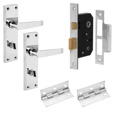 Victorian Straight Door Handle Complete Bathroom Door PackPolished ChromeHandle/thumb Lock/hingesDesigner Levers from B&Q
