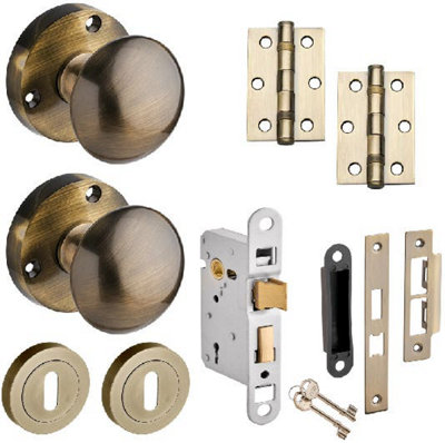 Orion Mortice Lock Door Knob Pack Antique Brass76mmKnob/3 Lever Sashlock/hingesDesigner Levers from B&Q