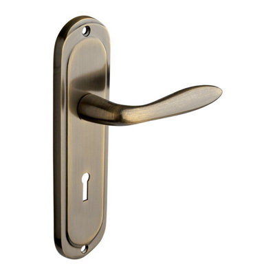 Mocho Lever Key Lock Door HandleAntique BrassInternalDesigner Levers from B&Q