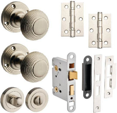 Beehive Mortice Door Knob Complete Bathroom Door Pack Brushed Nickel76mmKnob/lock/hingesDesigner Levers from B&Q