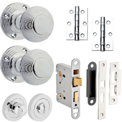 Beehive Mortice Door Knob Complete Bathroom Door Pack Polished Chrome76mmKnob/lock/hingesDesigner Levers from B&Q